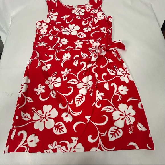 Paunani Hibiscus Sleeveless Mock Wrap Tie Front Midi Hawaiian Sarong Dress - Picture 5 of 10